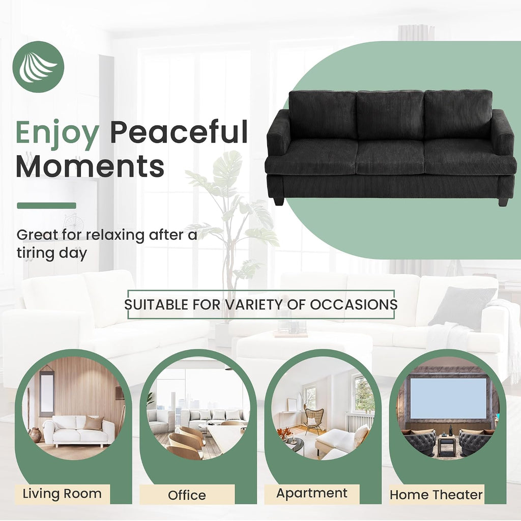 3 Seater Corduroy Couch for Living Room, 89' Black Cloud Sofa, Deep Seat Floor Couch for Bedroom, Futon Modern Sofa Sectional Bed, Black Corduroy