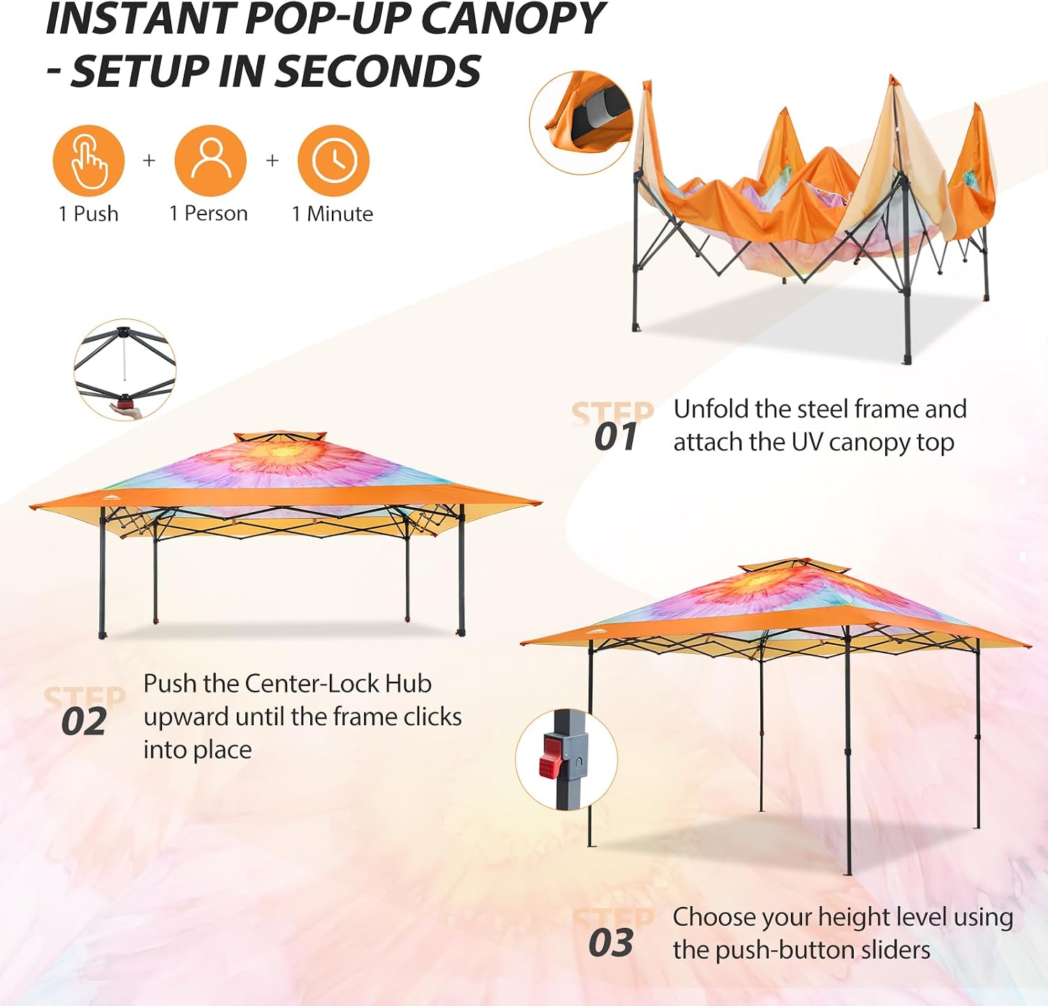 EAGLE PEAK 13x13 Straight Leg Pop Up Canopy Tent Instant Outdoor Canopy Easy Single Person Set up Folding Shelter w/Auto Extending Eaves 169 Square Feet of Shade (Floral Tie Dye)