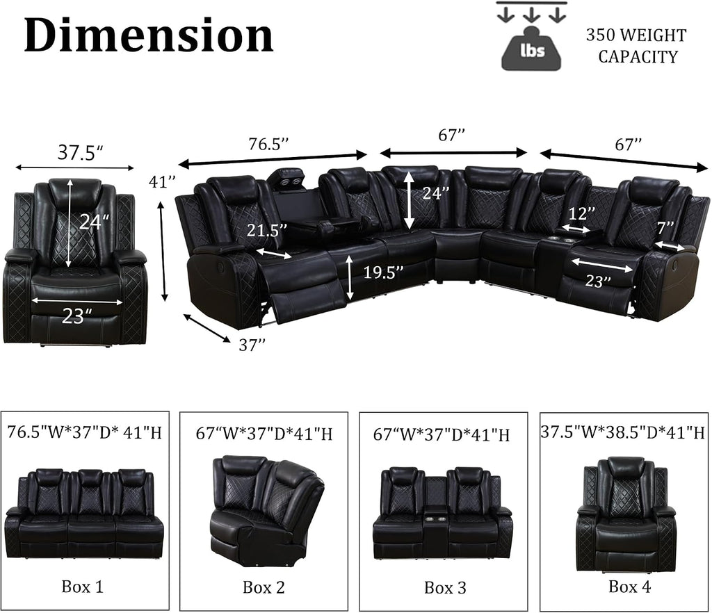 Power Recliner Sofa Set with LED, Breathing Leather Sectional Couch for Living Room, Living Room Furniture Set L Shaped Reclining Couch and Chair with Cup Holders&Storage (Black)