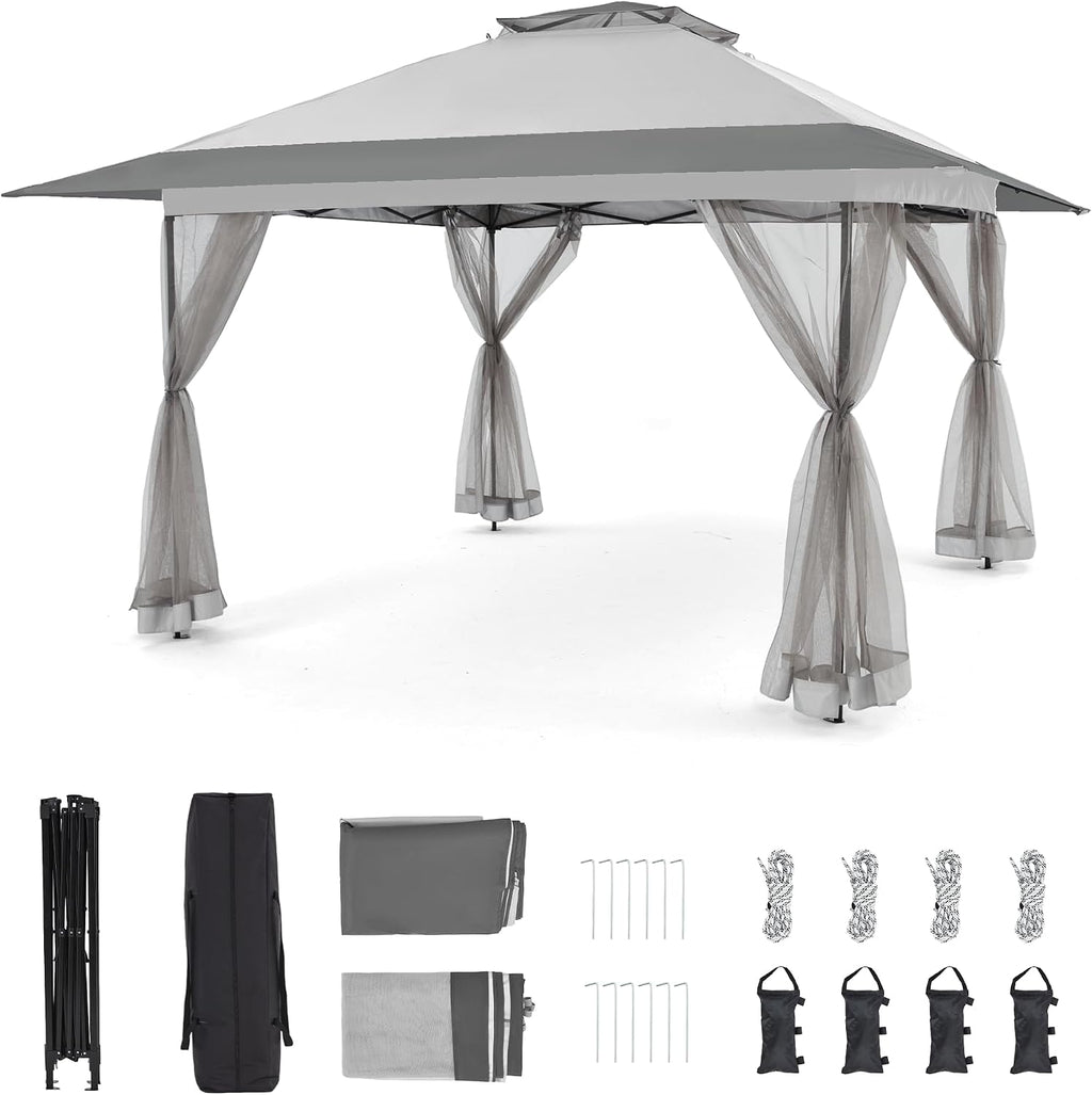Bezseller 13x13 Pop Up Gazebo with Mosquito Netting – Easy 1-Person Setup, Water-Resistant Backyard Canopy for Family Patio & Garden Use,Light Grey