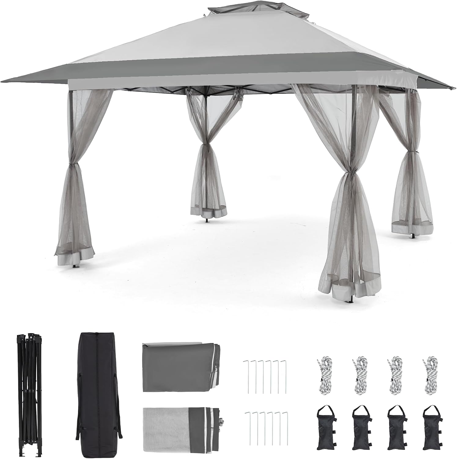 Bezseller 13x13 Pop Up Gazebo with Mosquito Netting – Easy 1-Person Setup, Water-Resistant Backyard Canopy for Family Patio & Garden Use,Light Grey