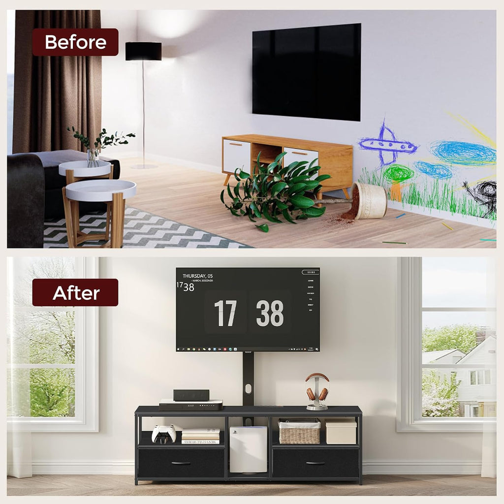 MAHANCRIS TV Stand with Mount for up to 75', Entertainment Center with Switch-Controlled Charging Station, Swivel TV Stand Mount with Fabric Drawers, for Living Room, Black TVBK154E01N2