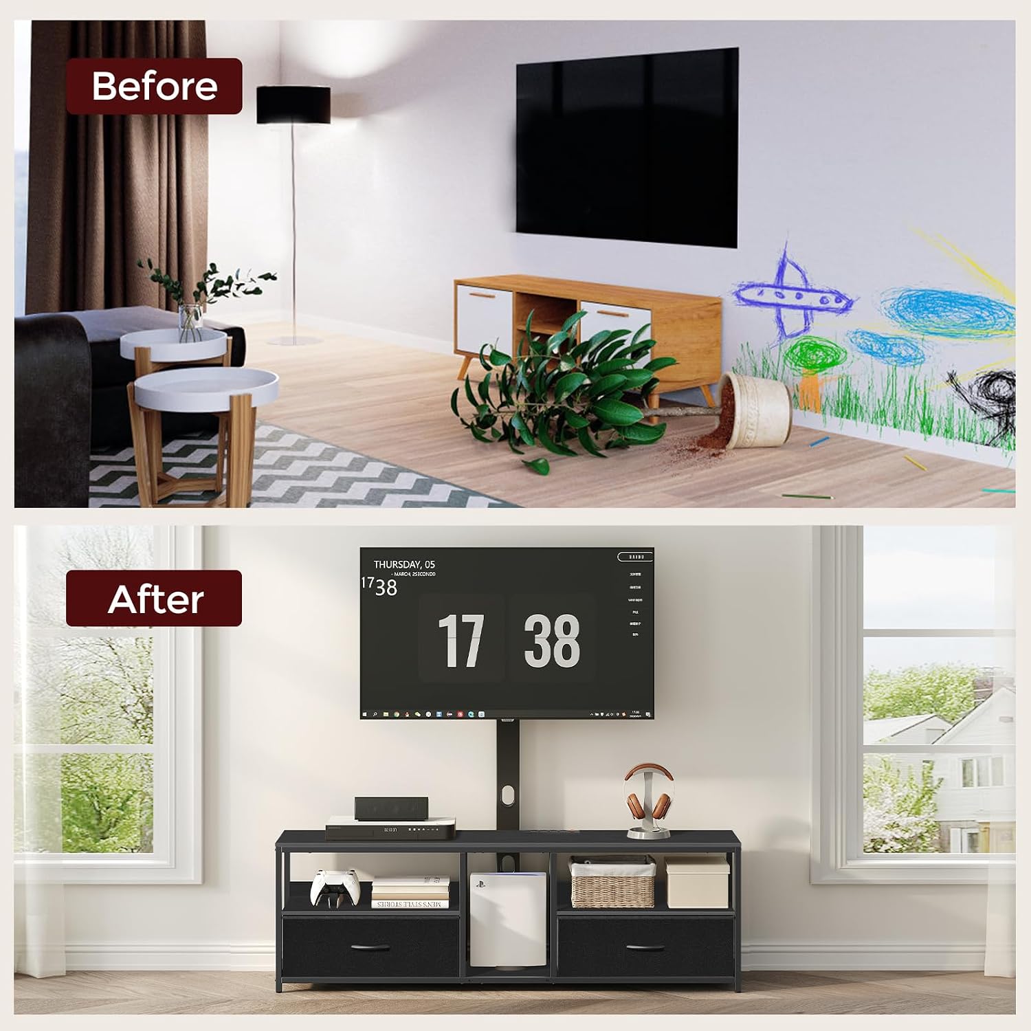 MAHANCRIS TV Stand with Mount for up to 75', Entertainment Center with Switch-Controlled Charging Station, Swivel TV Stand Mount with Fabric Drawers, for Living Room, Black TVBK154E01N2