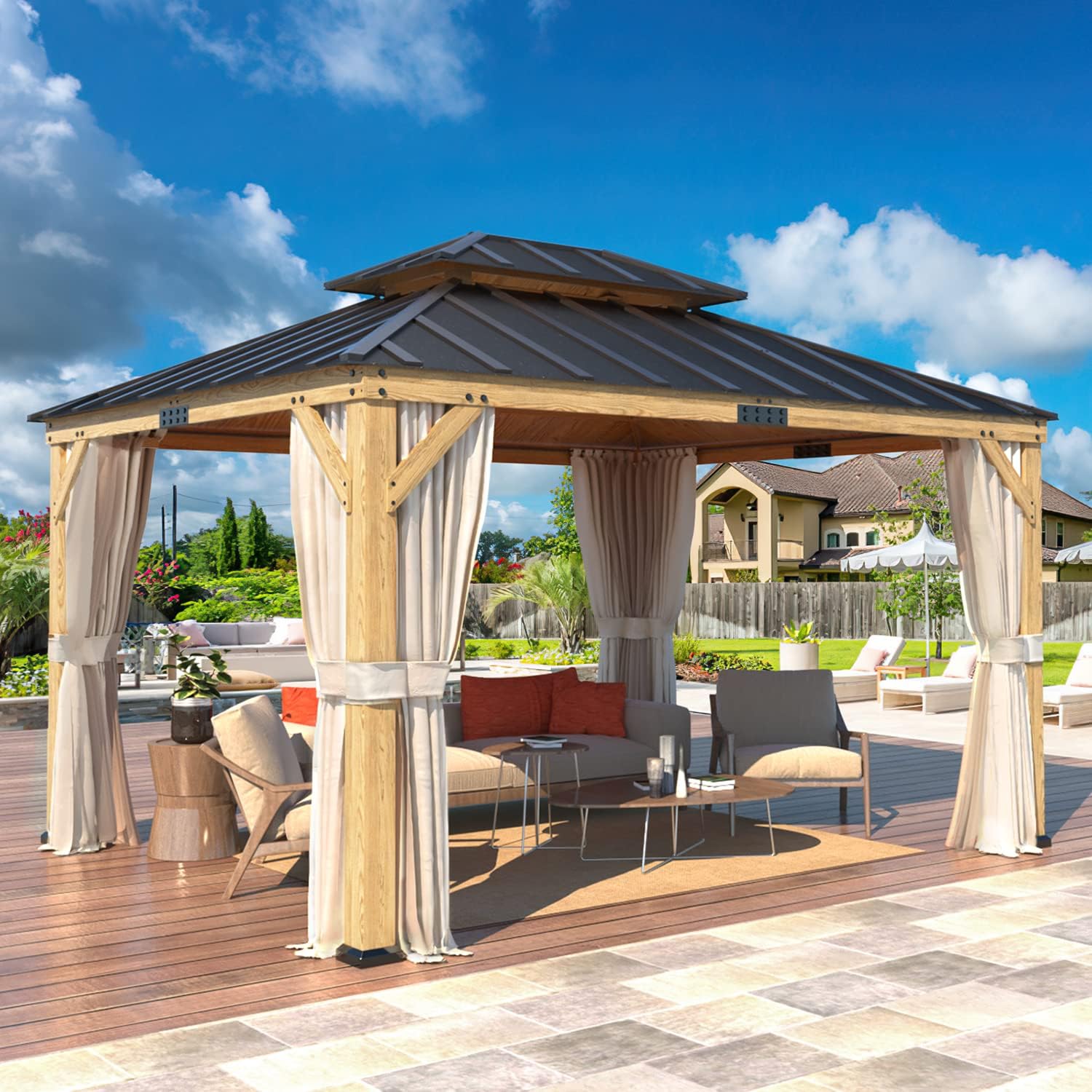 YOLENY 11' x 13' Solid Spruce Wood Gazebo, Hardtop Gazebo with Coated Wood Frame, Waterproof Asphalt Double Roof, Nettings and Curtains for Lawns, Gardens, Decks, and Patios