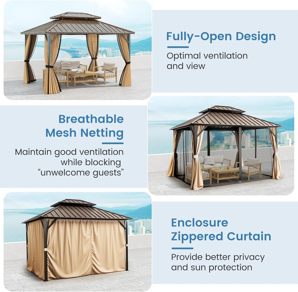 Tangkula 10x12 FT Hardtop Gazebo, Aluminum Frame Permanent Pavilion with Curtains, Netting, Heavy-Duty Double-Tier Galvanized Metal Roof, Outdoor Gazebo for Patios Garden Deck Lawn Backyard