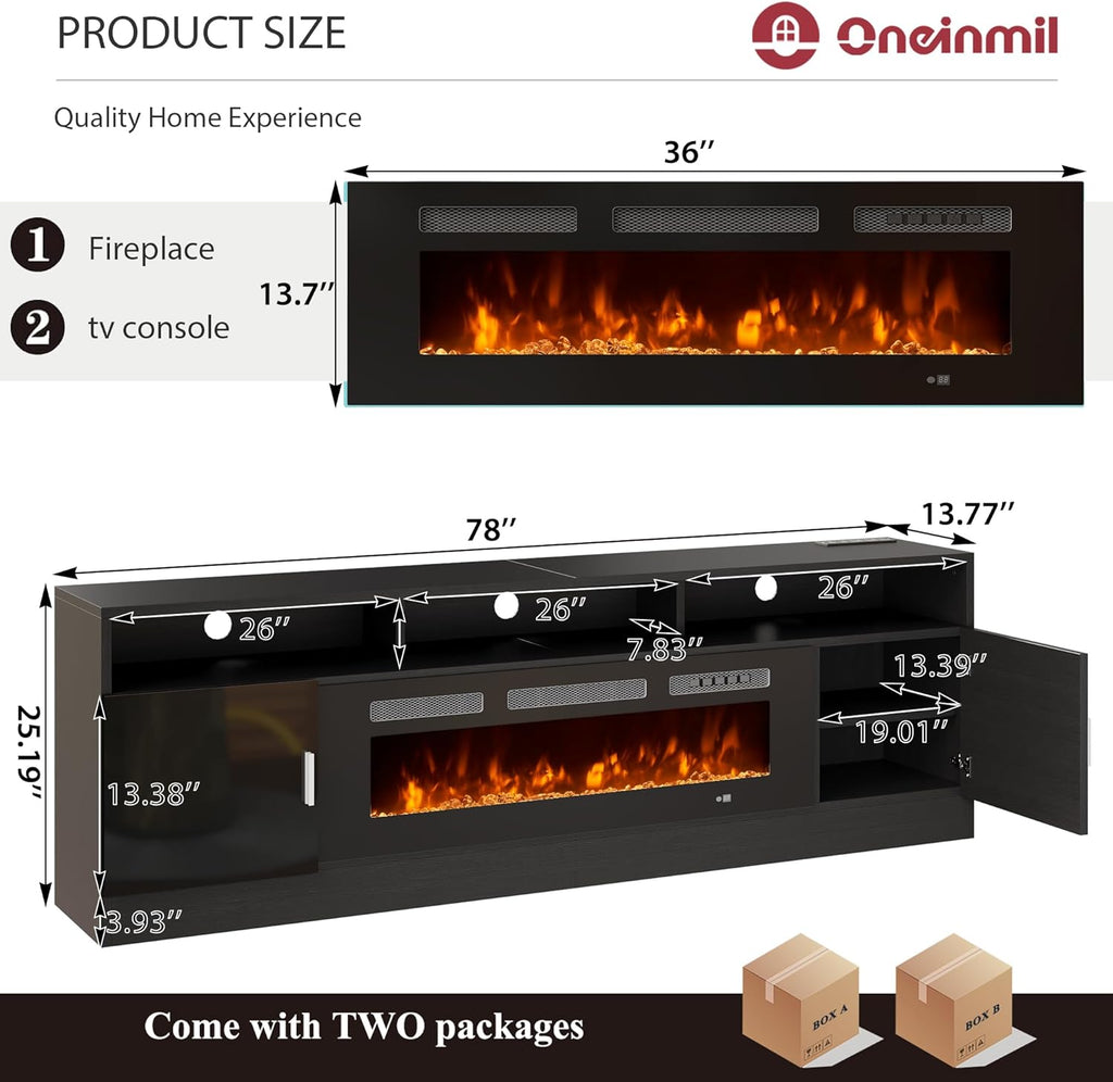 oneinmil 78' Fireplace TV Stand with Power Outlet for TVs Up to 90', Electric Fireplace Entertainment Center with LED Lights & Storage Cabinets, Media Console Table for Living Room