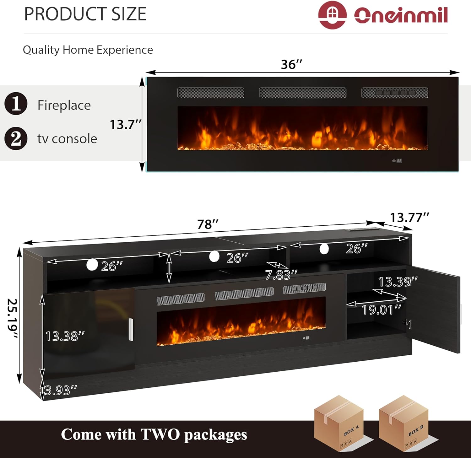 oneinmil 78' Fireplace TV Stand with Power Outlet for TVs Up to 90', Electric Fireplace Entertainment Center with LED Lights & Storage Cabinets, Media Console Table for Living Room