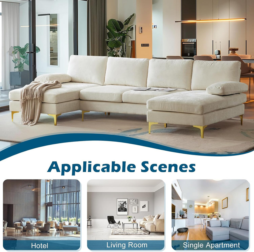 VINGLI 110' Large U-Shape Sectional Sofa Couch with 51' D Double Chaise for Living Room, Modern Sectional Couch Set with Soft 5.9' Thickness Seating Padding, Chenille Fabric,Metal Gold Legs(Beige)
