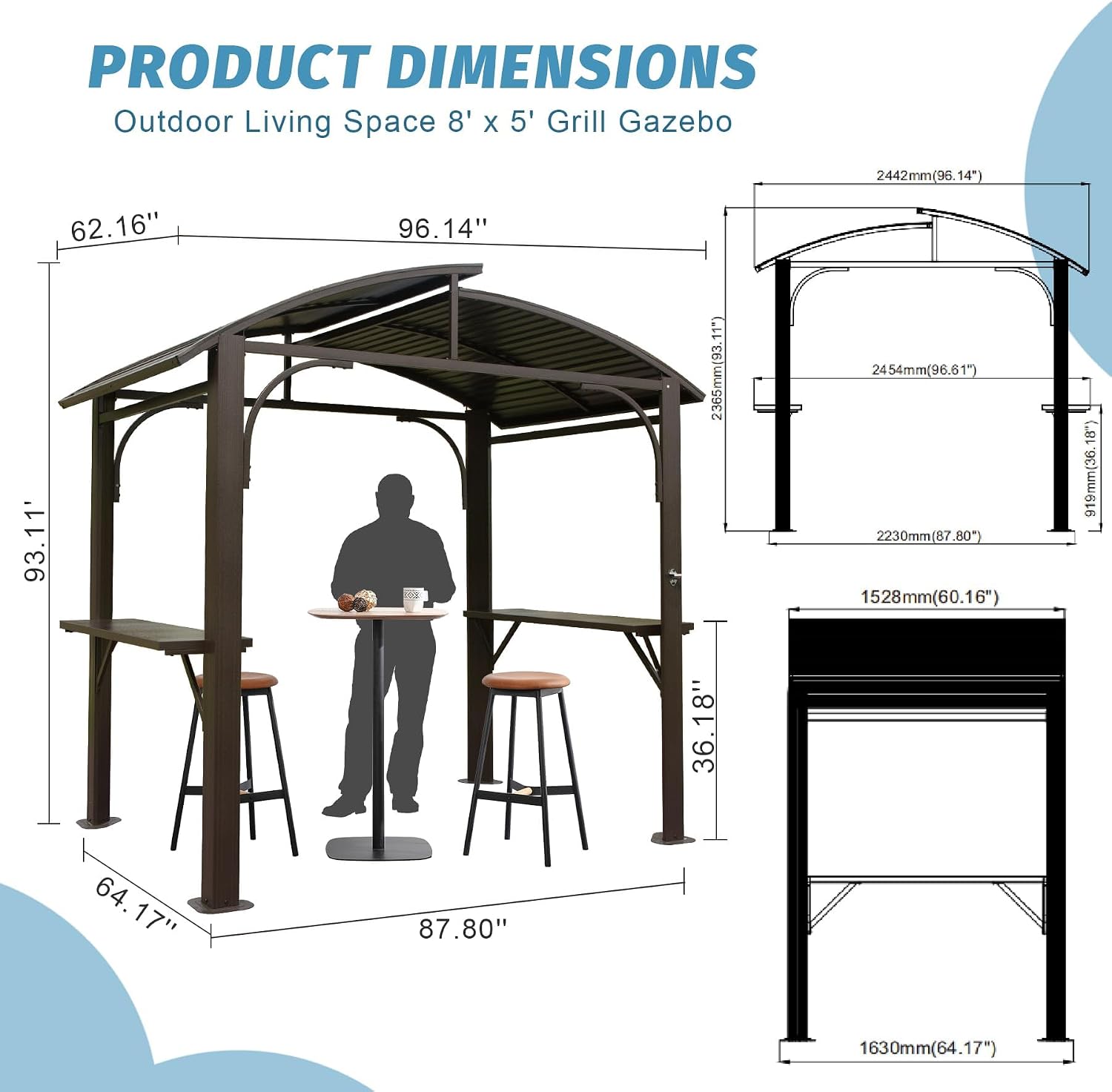 8x5 Grill Gazebo, Outdoor BBQ Gazebo with Double Galvanized Steel Roof, Barbeque Hardtop Grill Gazebo with 2 Side Shelves and Bottle Opener, Metal Grilling Gazebo for Patio, Garden, Backyard (Brown)