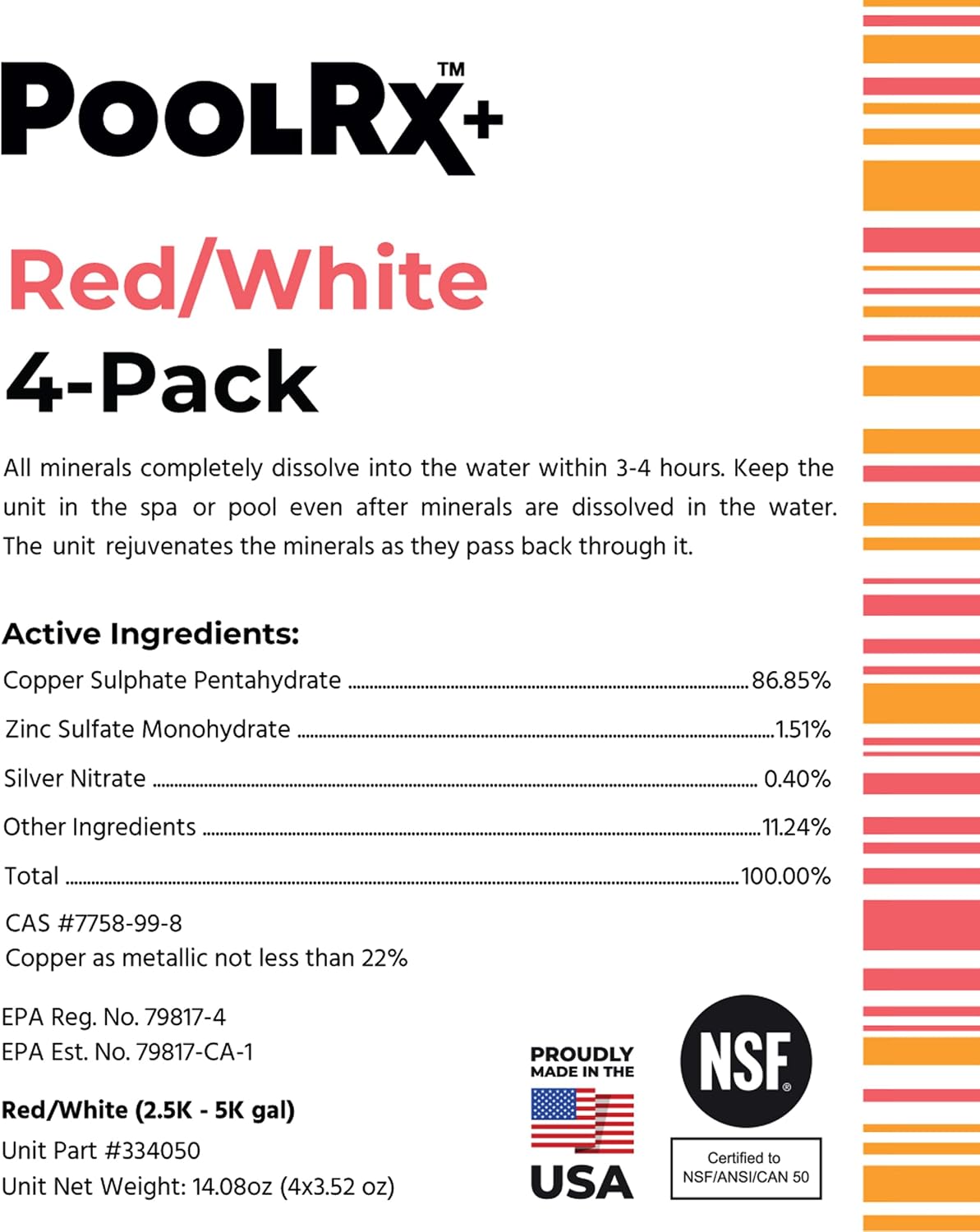 PoolRx+ Mineral Algaecide 4-Unit Pack, up to 6-Month Algae Control, for 2.5K-5K gallons, Red & White, New Formula with Silver.