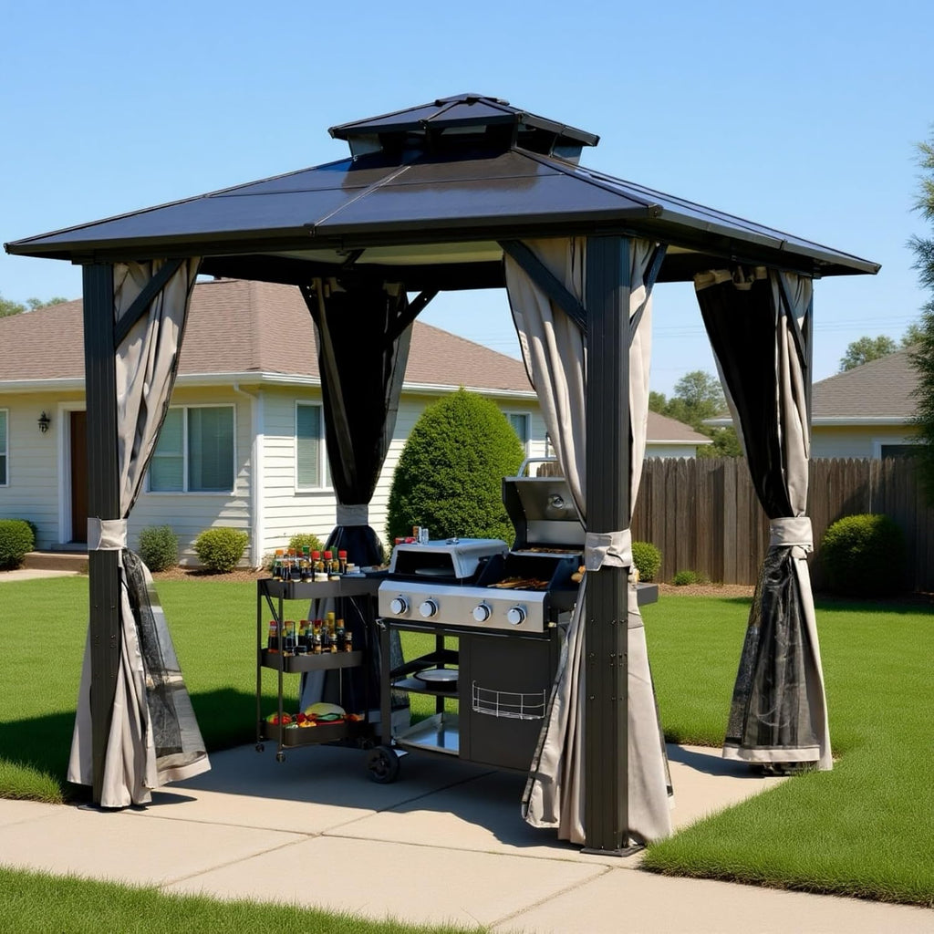 8x5 Hardtop Grill Gazebo, Vented Double Roof Polycarbonate BBQ Canopy for Outdoor Patio, Anti-UV Waterproof Shelter with Side Shelves & Hooks, Heavy Duty Steel Frame (8x8)