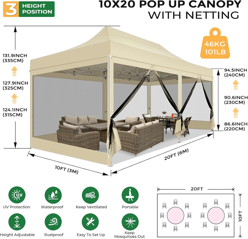 COBIZI 10x20 Heavy Duty Pop Up Canopy Tent with 6 Sidewalls, Easy Set Up Outdoor Waterproof Screen Commercial Party Tent with Mosquito Netting for Parties Backyard Patio, Roller Bag, Khaki