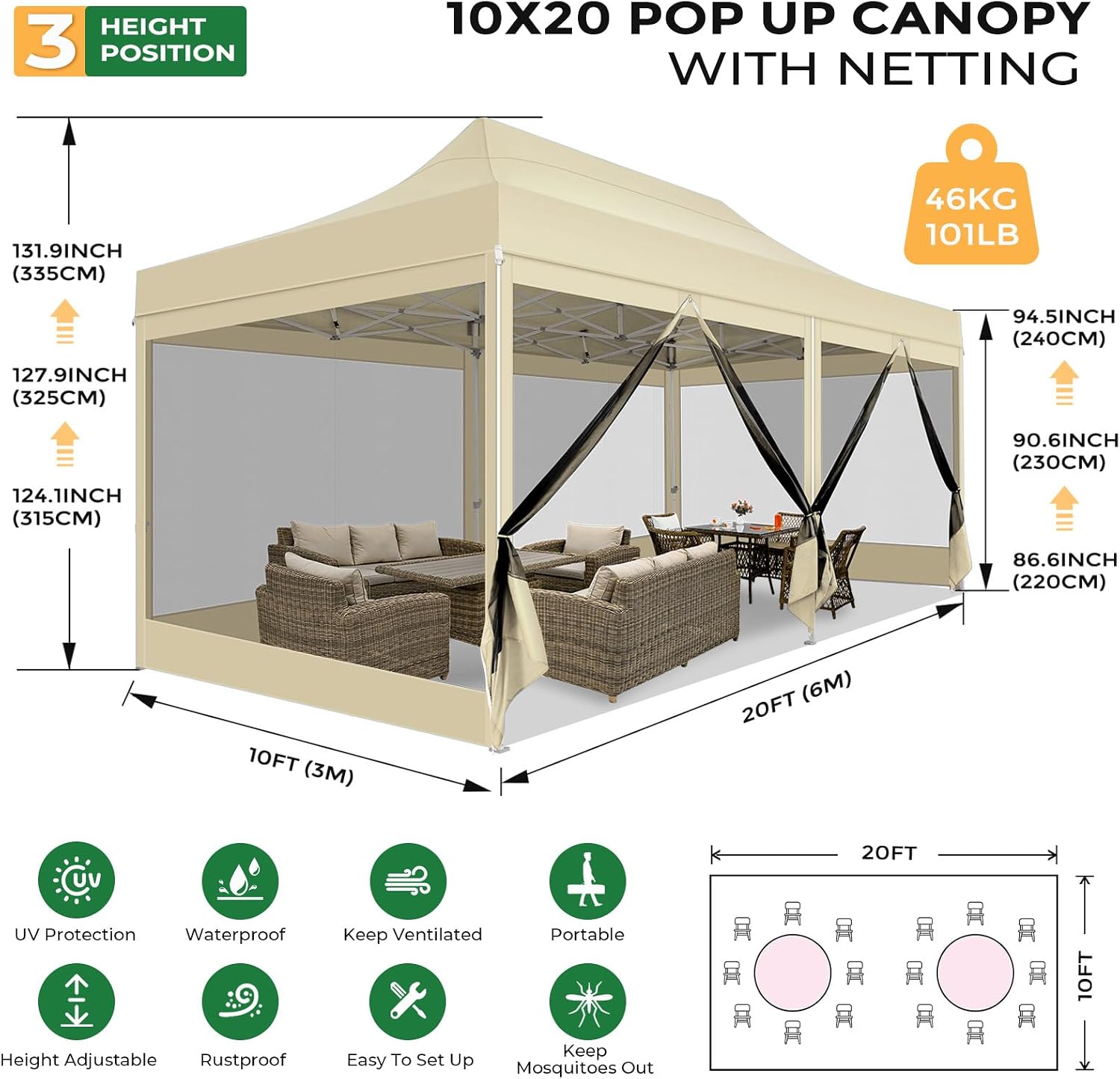 COBIZI 10x20 Heavy Duty Pop Up Canopy Tent with 6 Sidewalls, Easy Set Up Outdoor Waterproof Screen Commercial Party Tent with Mosquito Netting for Parties Backyard Patio, Roller Bag, Khaki