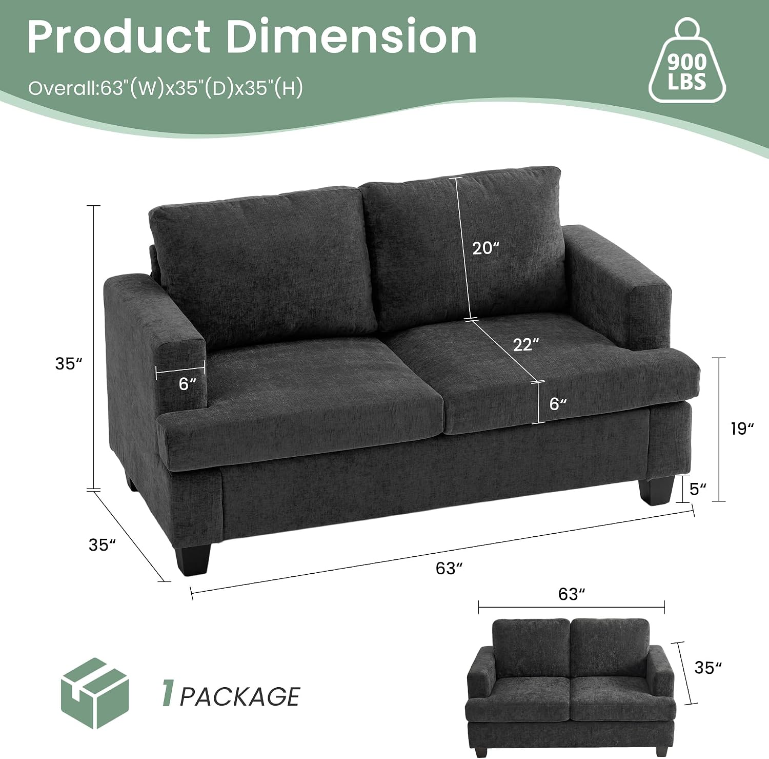 YOUDENOVA 2 Piece Set Comfy Sofa Couch, 3 Seater & Loveseat Sofa with Deep Seats, Modern Sleeper Couch for Living Room, Dark Grey Chenille