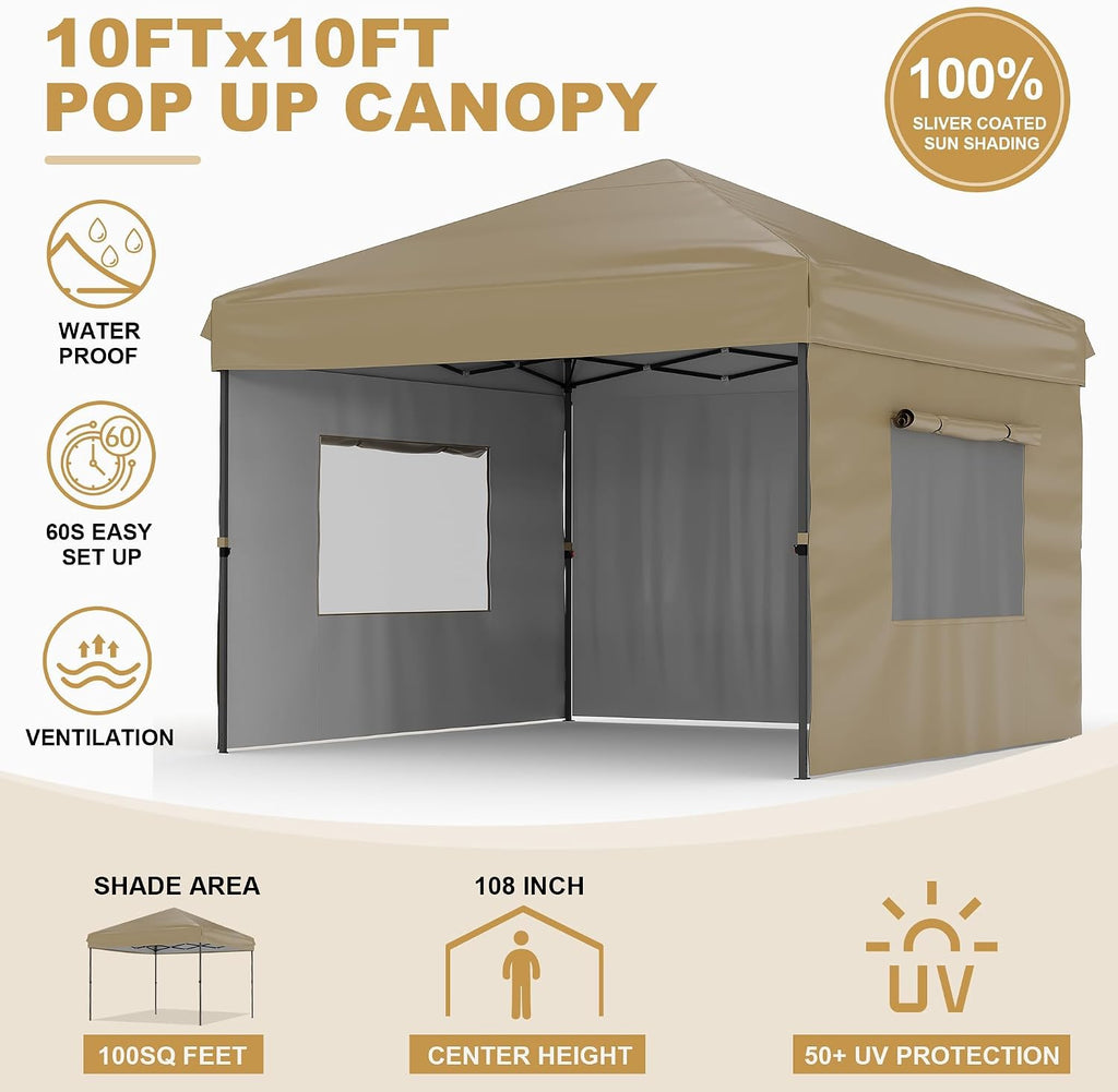 10'X10' Pop Up Canopy Tent with 3 Sidewalls, Beach Tent with One Push Setup, Outdoor Sun Shade for Parties, Camping, UPF 50+ All Weather Waterproof, with Weight Bags & Wheeled Carry Bag