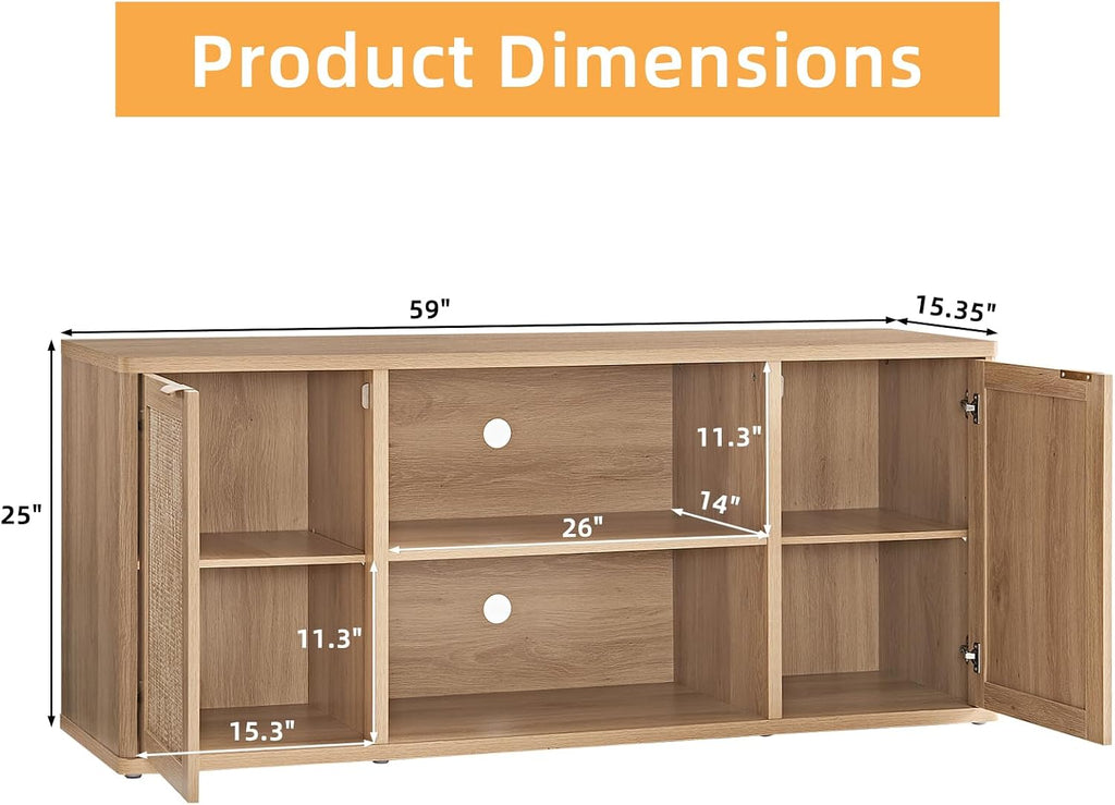 LEYAOYAO Rattan TV Stands for Living Room, Boho TV Cabinet with Storage and Open Shelf, Rustic Wood Entertainment Center, Media Console for 50-65 Inch TV, Natural Wood