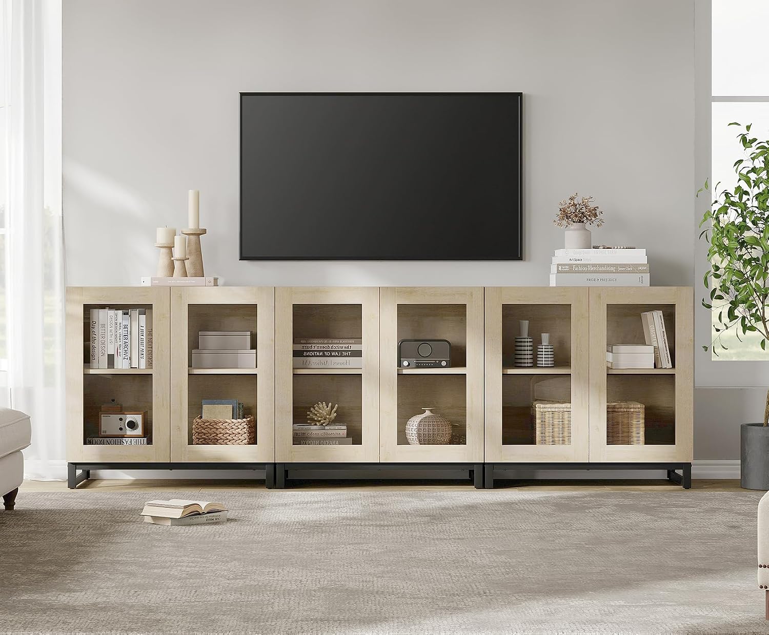 WAMPAT Modern TV Stand with Glass Doors for 70-100 inch TVs, 3 in 1 Entertainment Center Console with Adjustable Shelves and Metal Base for Living Room, Bedroom, Beige