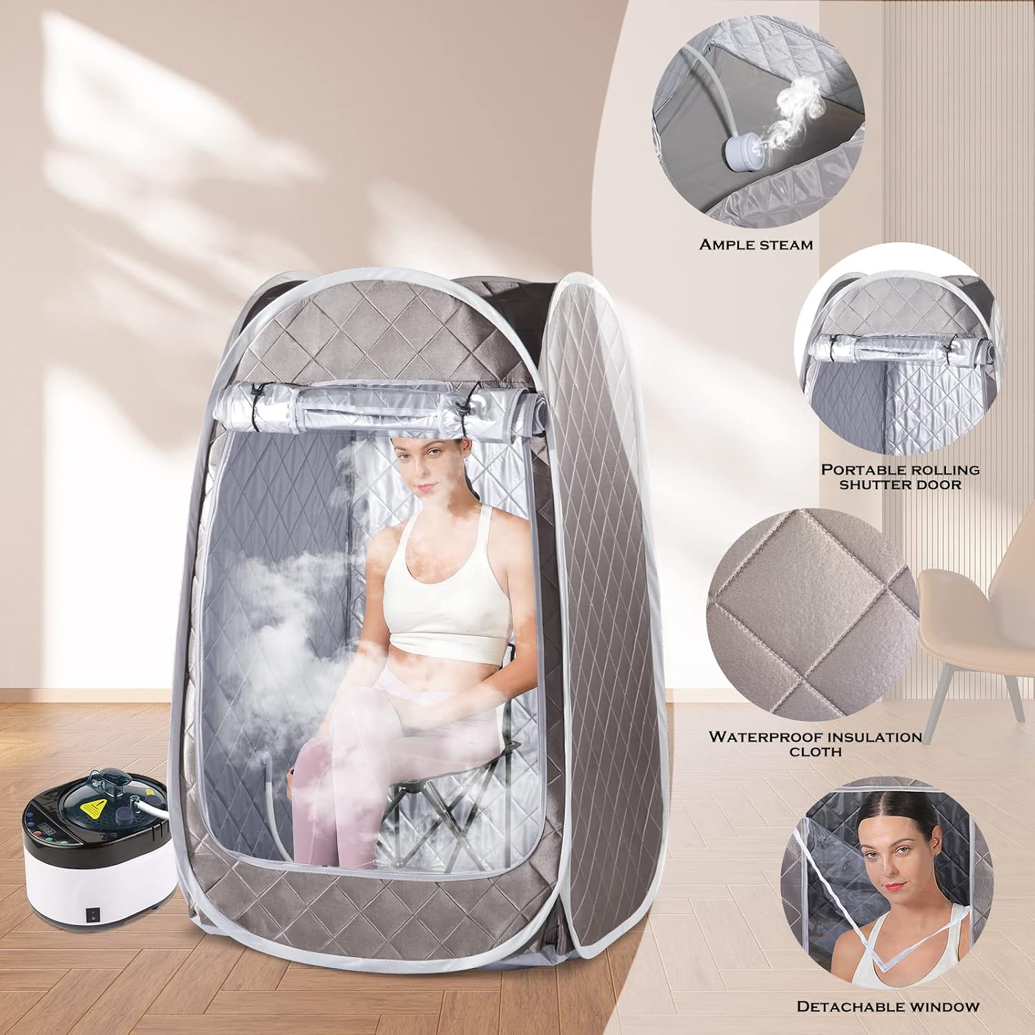 Portable Sauna, Steam Sauna Full Body, Newly Upgraded Large Space Sauna, Quick-Folding Sauna Spa Tent, Includes 4L Steamer(31.49 x 31.49 x 55.11inch, Grey)