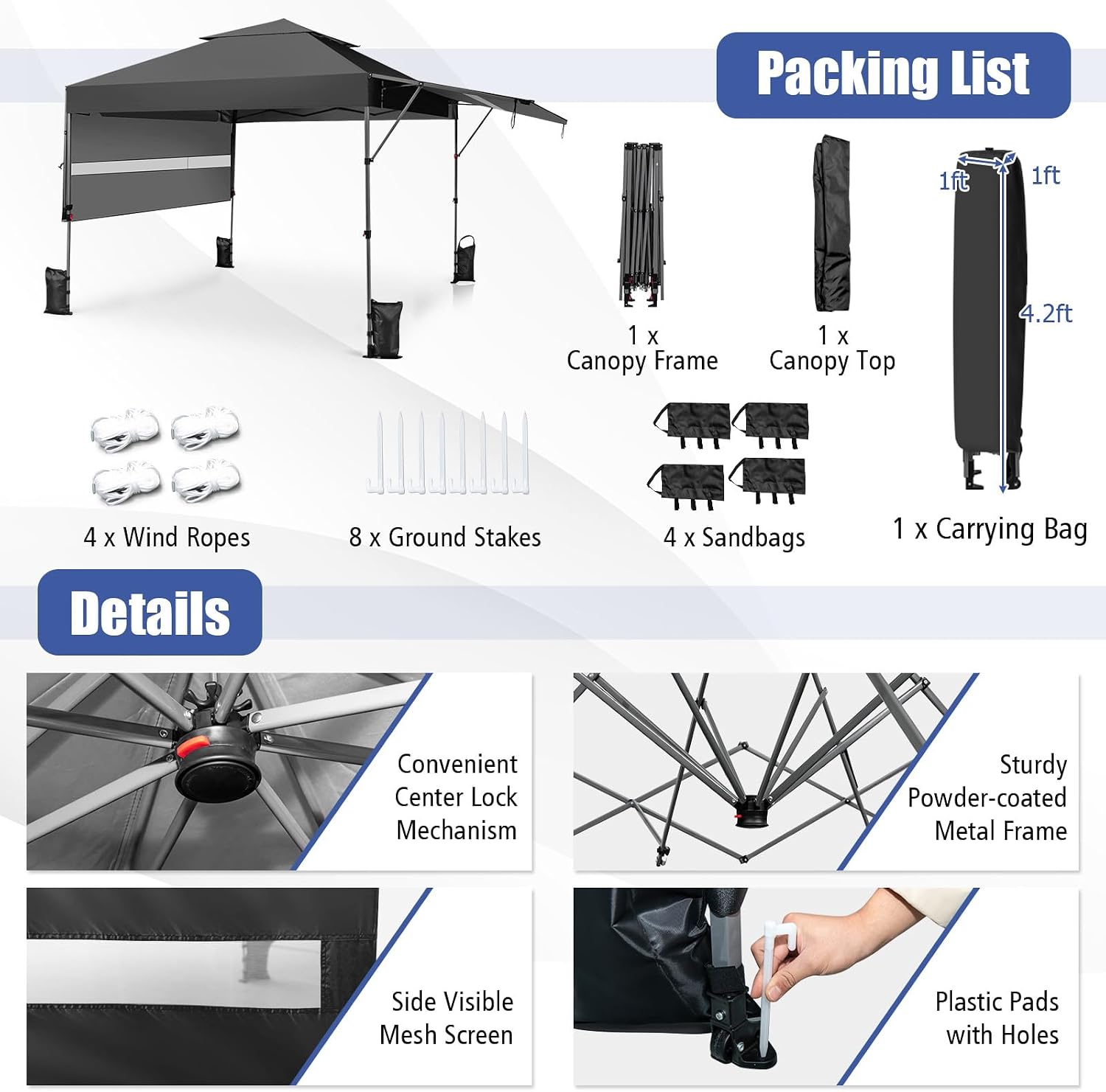 HAPPYGRILL Pop Up Canopy with Dual Awnings 10x17.6 FT, Outdoor Gazebo Shelter with Portable Wheeled Carrying Bag, Easy Setup Instant Tent for Patio Camping Picnic (Black)