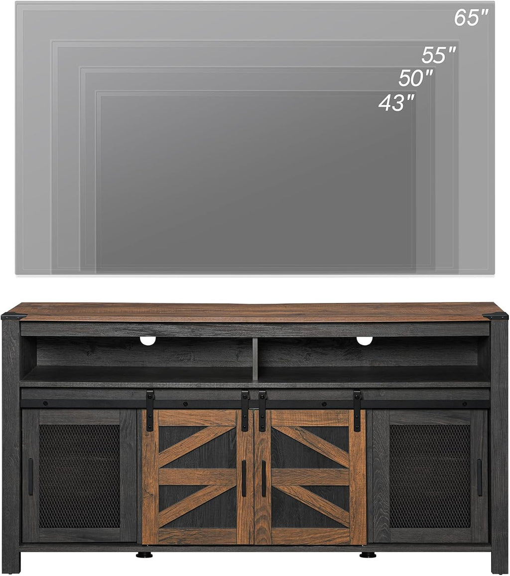 WAMPAT Farmhouse Entertainment Center for 65 Inch TVs, 59' Barn Door TV Stand with Sliding Barn Doors & Mesh Accents, Adjustable Farmhouse TV Stand with Storage for Living Room, Dark Walnut and Black