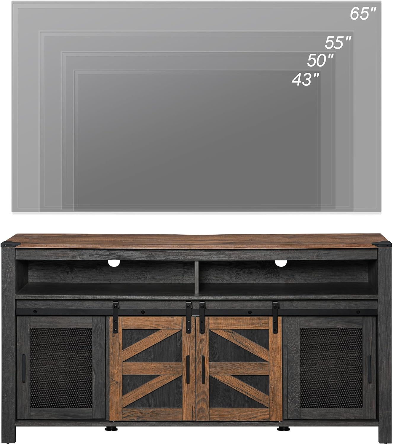 WAMPAT Farmhouse Entertainment Center for 65 Inch TVs, 59' Barn Door TV Stand with Sliding Barn Doors & Mesh Accents, Adjustable Farmhouse TV Stand with Storage for Living Room, Dark Walnut and Black