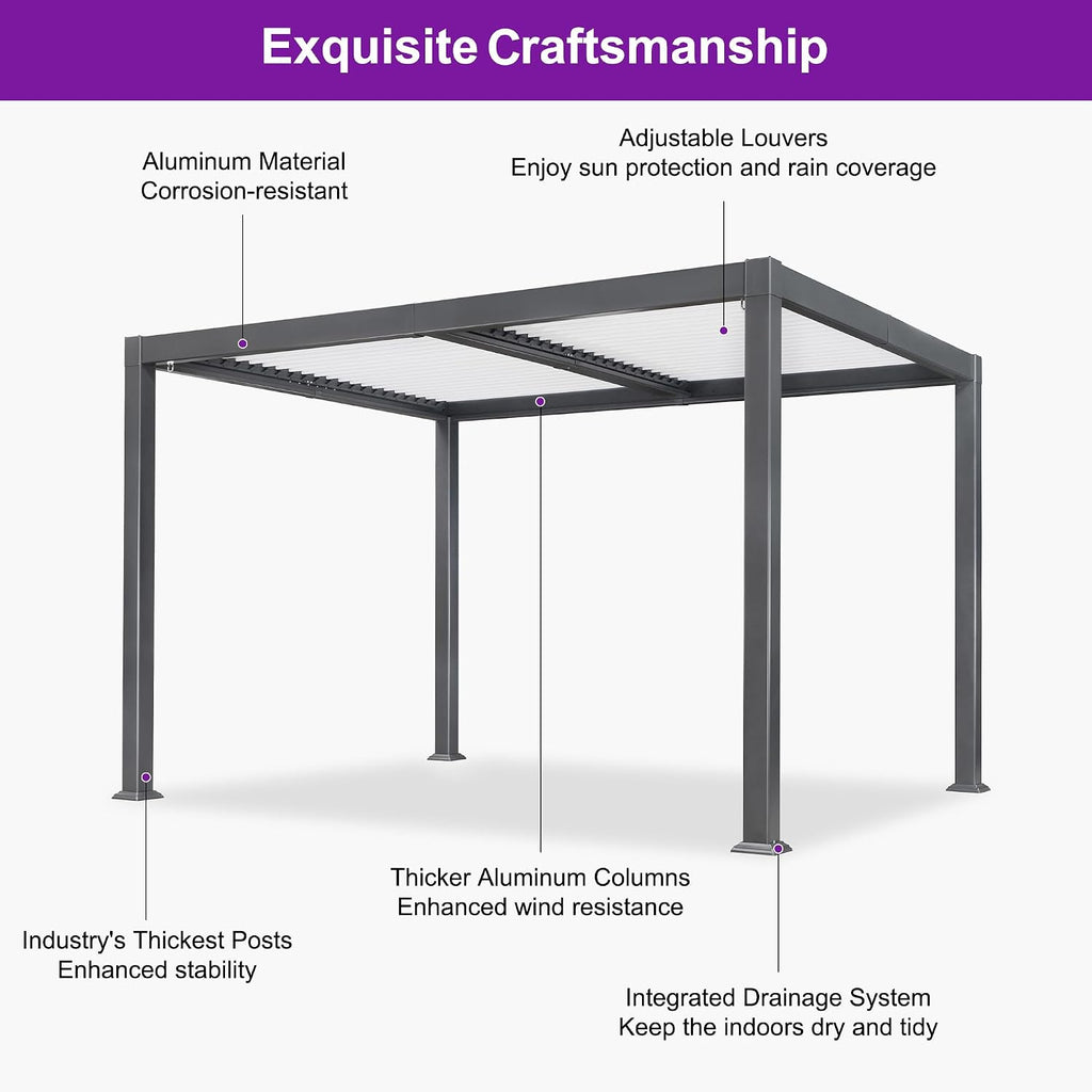 PURPLE LEAF Louvered Pergola 10' x 12' Outdoor Pergola with Aluminum Adjustable louvered Roof Grey Frame for Outside Deck Backyard