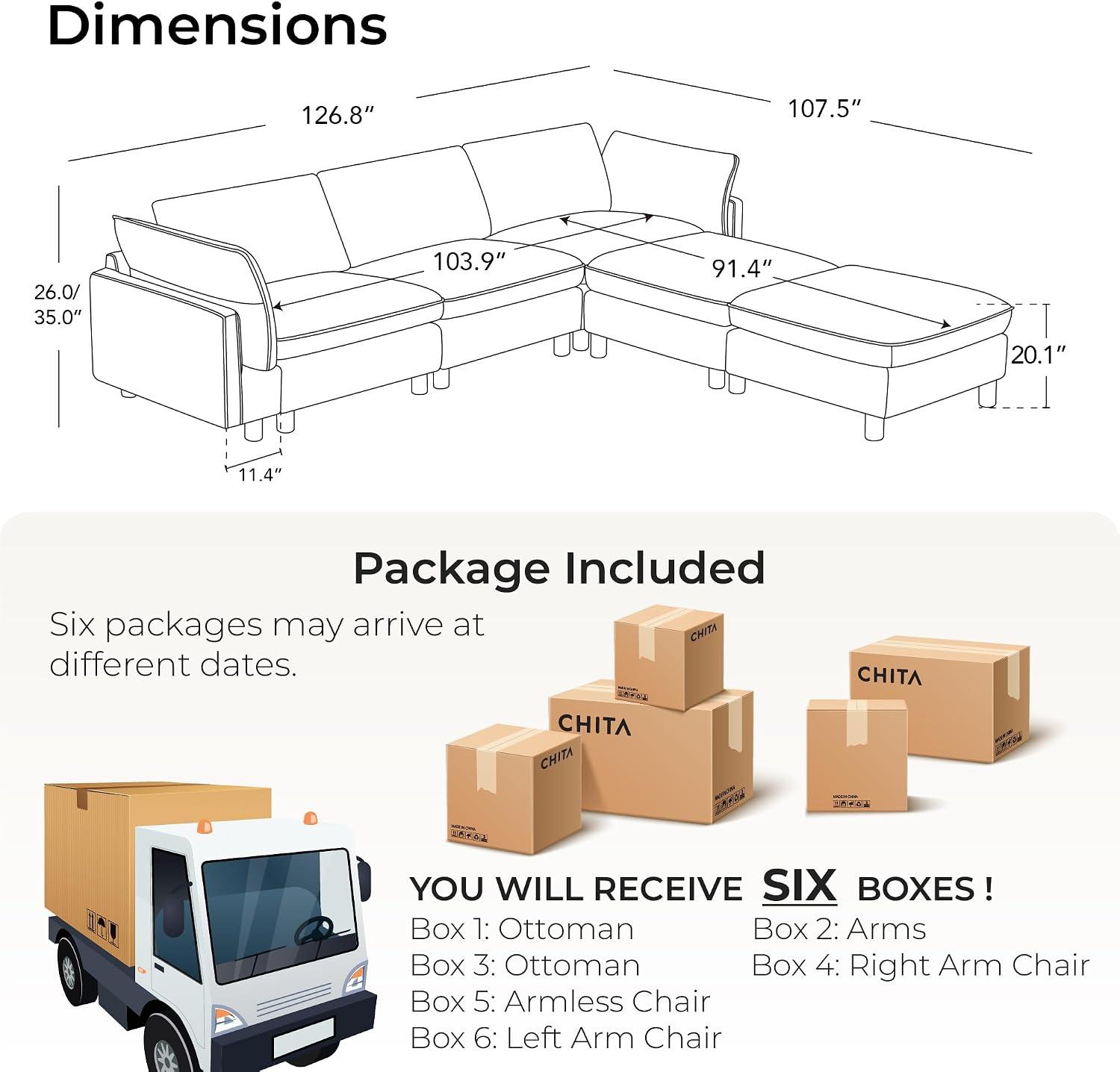 CHITA 127' Super Large Sectional Couches for Living Room, Modular Cloud Couch Sectional Sofa, Premium Fabric Couches, Down Filled, High Density Foam, Chenille in Beige, 5 Seat U Shaped
