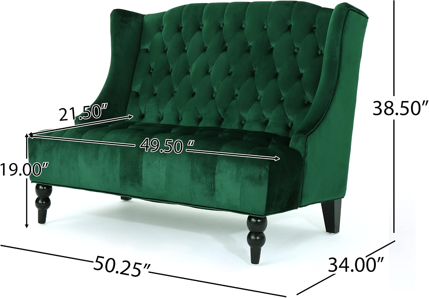 Modern Tufted Velvet Wingback Loveseat, Tufted Velvet 2 Seat Couch Sofas with High Back Thick Padded Cushioned Seats for Living Room, Victorian Style, Emerald