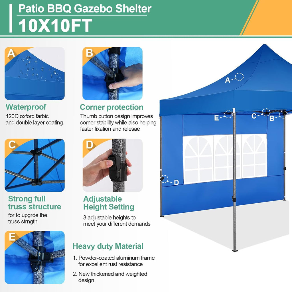 COBIZI 10x10 Pop Up Canopy with Sidewalls Heavy Duty Party Tent with Removable Awning Easy Up Outdoor Canopy Wedding, All Season Windproof&Waterproof with Roller Bag UPF 50+, Blue