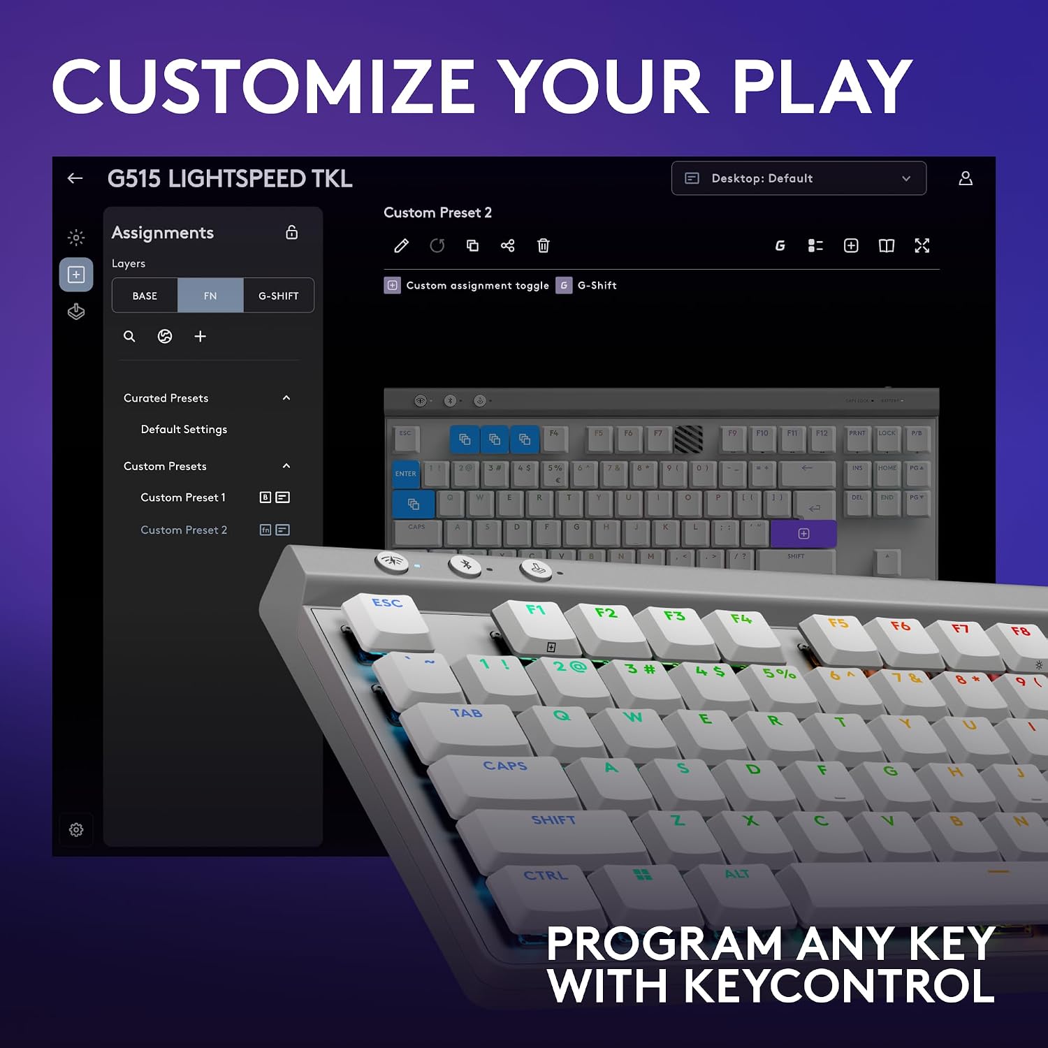 Logitech G515 Lightspeed TKL Low Profile Wireless Gaming Keyboard, LIGHTSYNC RGB, Thin Tenkeyless Design, PBT Keycaps, Tactile (Brown) Mechanical Switches - White