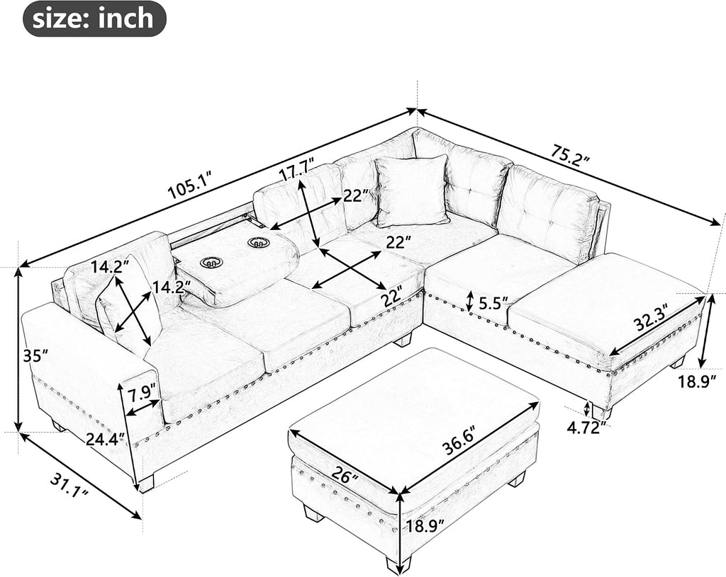 Merax Modern Sectional Sofa with Storage Ottoman, L Shaped Couch with 2 Pillows and 2 Cup Holders, Polyester Sectional Sofa with Reversible Chaise for Living Room, Home Office (Black)