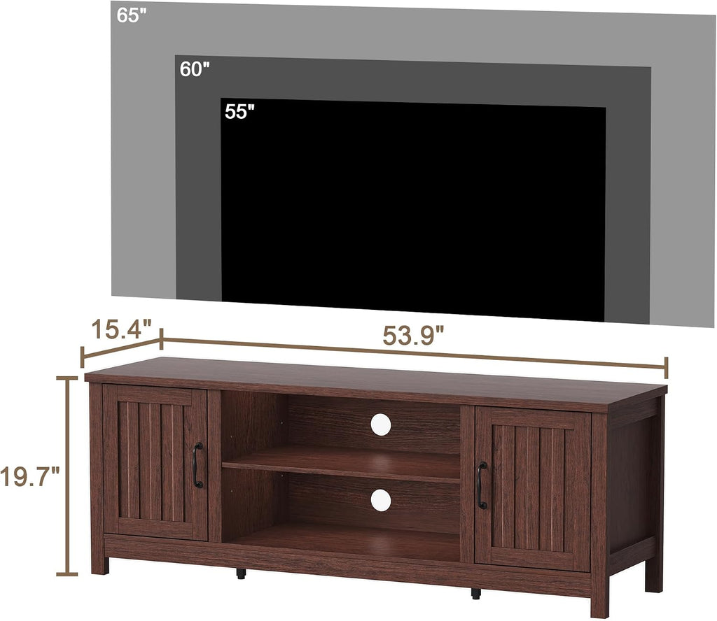 ChooChoo 54' Farmhouse TV Stand for TVs up to 65 inches, Entertainment Center with Storage Cabinets, Open Shelves and Fluted Door, TV Console Table for Living Room, Bedroom, Walnut