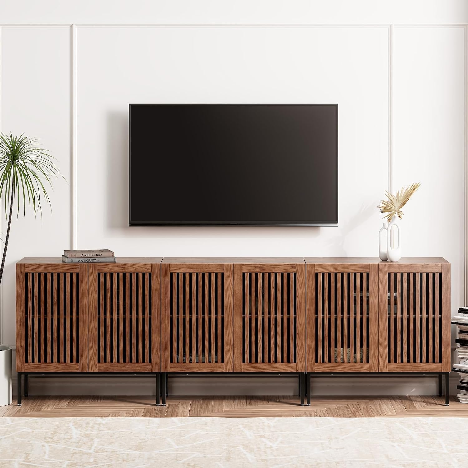 BVIUNTWO Farmhouse TV Stand for TVs up to 95 Inch, 3-in-1 Entertainment Center with Storage Cabinets and Metal Base, Large Media Console for Living Room, Home Theater, Brown