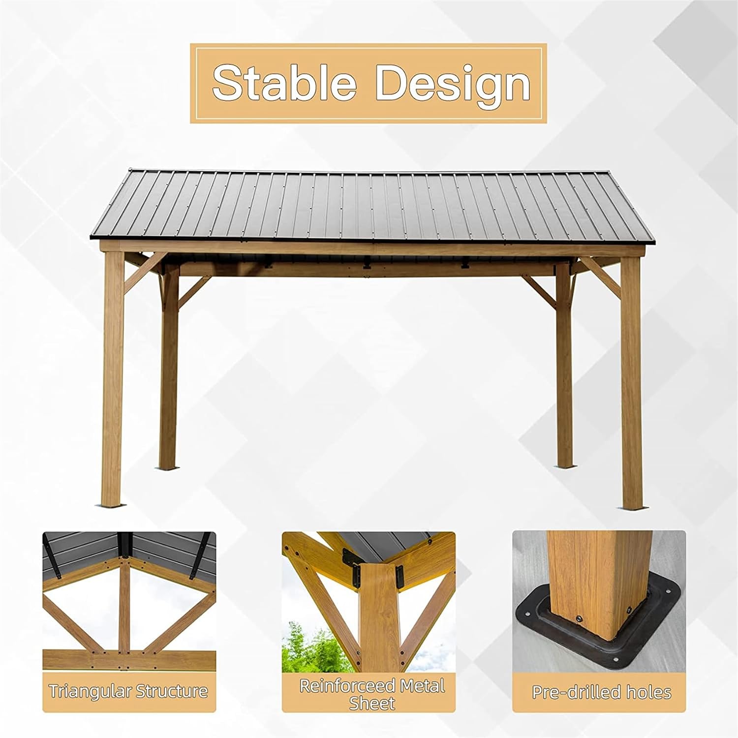 12'x14' Hardtop Gazebo, Outdoor Wooden Coated Aluminum Frame Hard Top Gazebo with Galvanized Steel Double Roof, Permanent Metal Roof Gazebo Pavilion for Deck, Patio and Garden (Yellow-Brown)