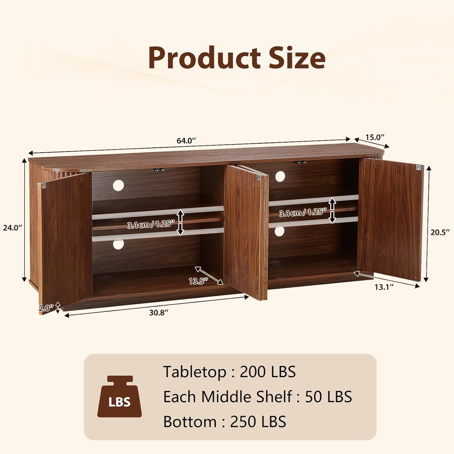 Fluted TV Stand for TVs Up to 75 Inch, Walnut Mid Century Modern TV Console for Living Room, Entertainment Center with Storage, Wood Media Console Cabinet