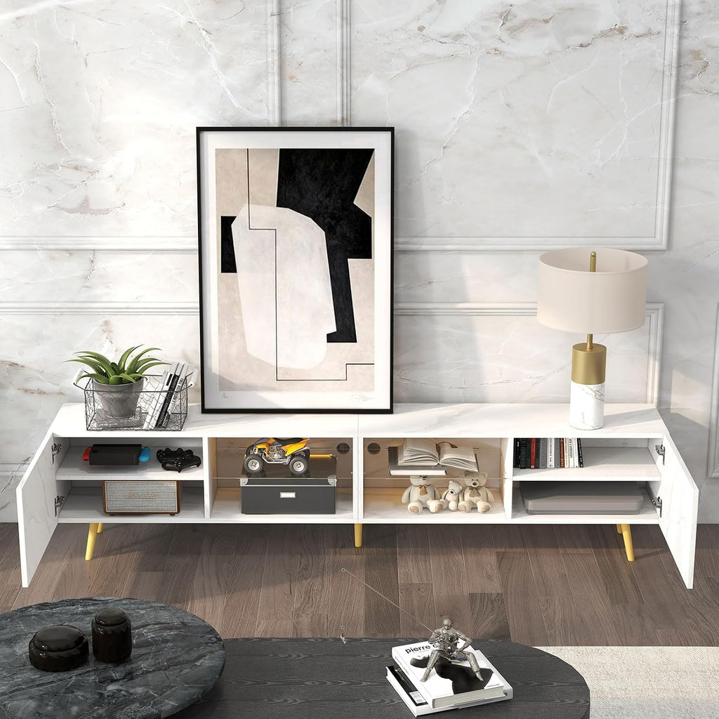 Bonzy Home 86' LED TV Stand, Modern Entertainment Center up to 75' TV, Television Console Table with Storage Cabinets for Living Room, White Marble