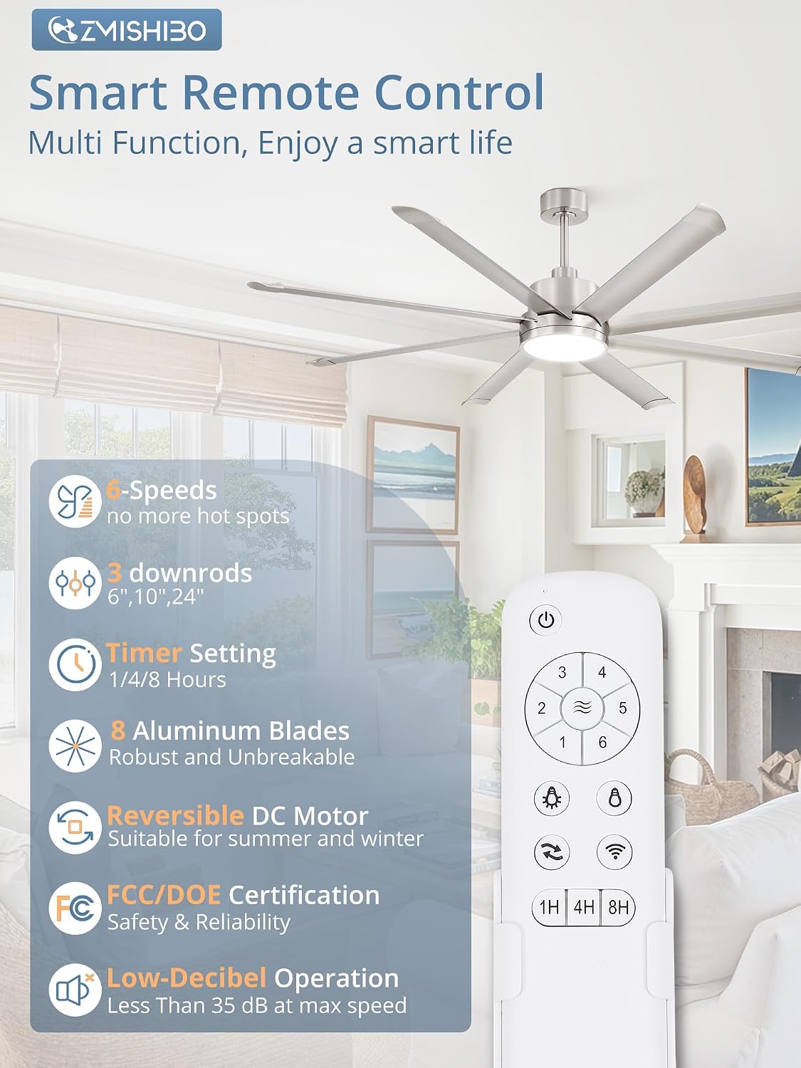 ZMISHIBO 72 Inch Ceiling Fans with Lights, Indoor/Outdoor Industrial Ceiling Fan with 8 Aluminum Reversible Blade, Quiet DC Motor, 3CCT&6-Speed Remote Control, Damp Rated for Living Room/Garage/Gazebo