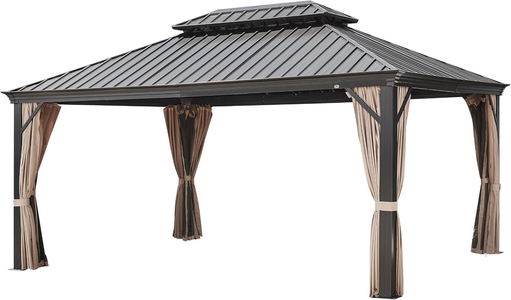 Ulax Furniture 12' x 16' Outdoor Gazebo Patio Permanent Hardtop Pergola with Aluminum Frame Galvanized Steel Double Roof Mosquito Net and Privacy Curtain