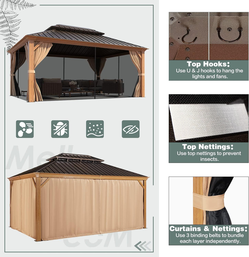 MELLCOM 12' x 16' Gazebo, Wooden Finish Coated Aluminum Frame Hardtop Gazebo with Galvanized Steel Double Roof, Outdoor Permanent Metal Pavilion with Curtains and Nettings for Patios, Gardens, Lawns