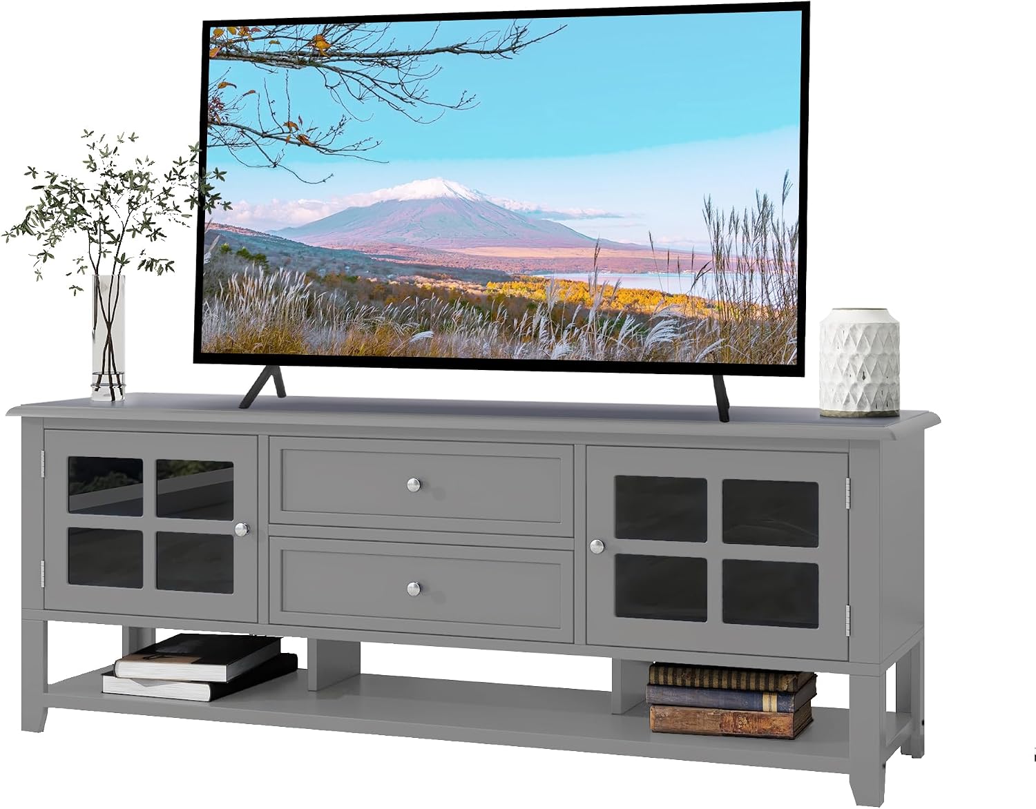 Merax Farmhouse TV Stand for TVs up to 60', Cottage Wood Entertainment Center with Window Pane Glass Door Storage Cabinet, 2 Drawers & Open Shelf, TV Console Table for Living Room Bedroom