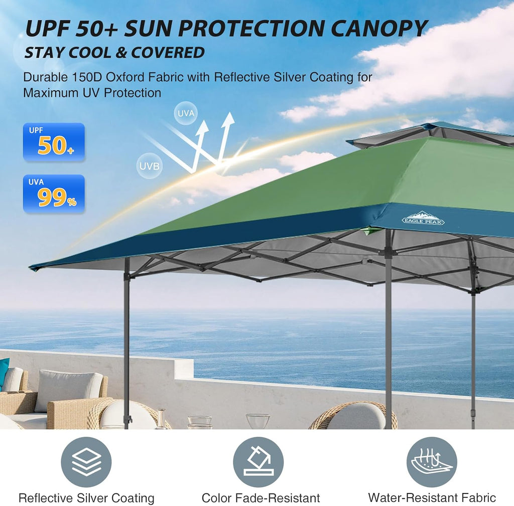 EAGLE PEAK 13x13 Straight Leg Pop Up Canopy Tent Instant Outdoor Canopy Easy Single Person Set up Folding Shelter w/Auto Extending Eaves 169 Square Feet of Shade (Light Green/Blue)