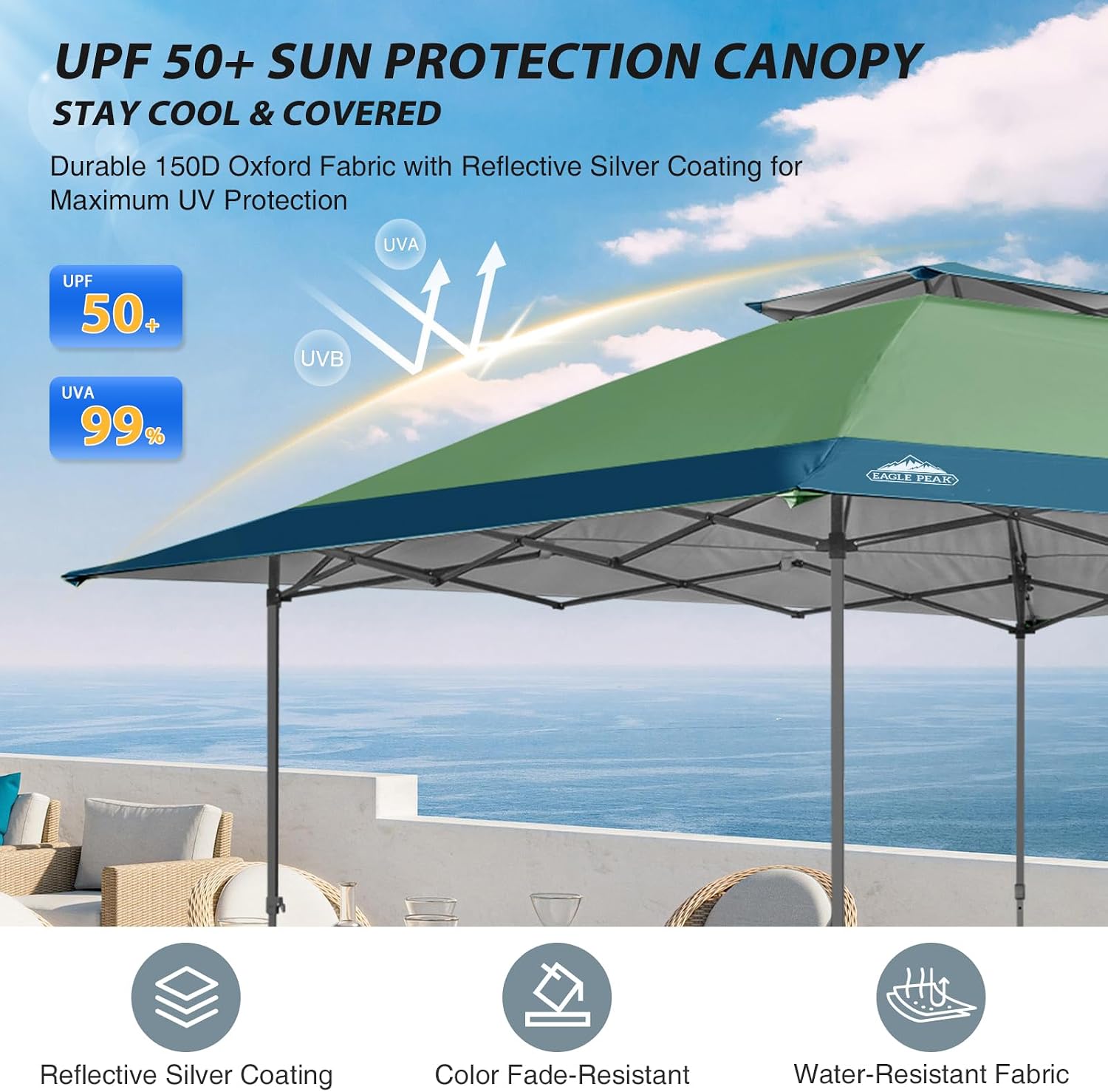 EAGLE PEAK 13x13 Straight Leg Pop Up Canopy Tent Instant Outdoor Canopy Easy Single Person Set up Folding Shelter w/Auto Extending Eaves 169 Square Feet of Shade (Light Green/Blue)