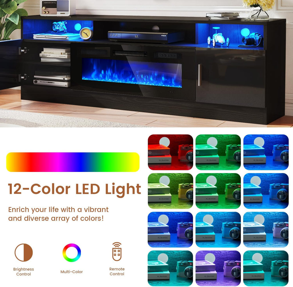 MXV 78' Fireplace TV Stand with Power Outlet for TVs UP to 90', Electric Fireplace Entertainment Center with LED Lights & Storage Cabinets, TV Console for Living Room, Office, Black-Black
