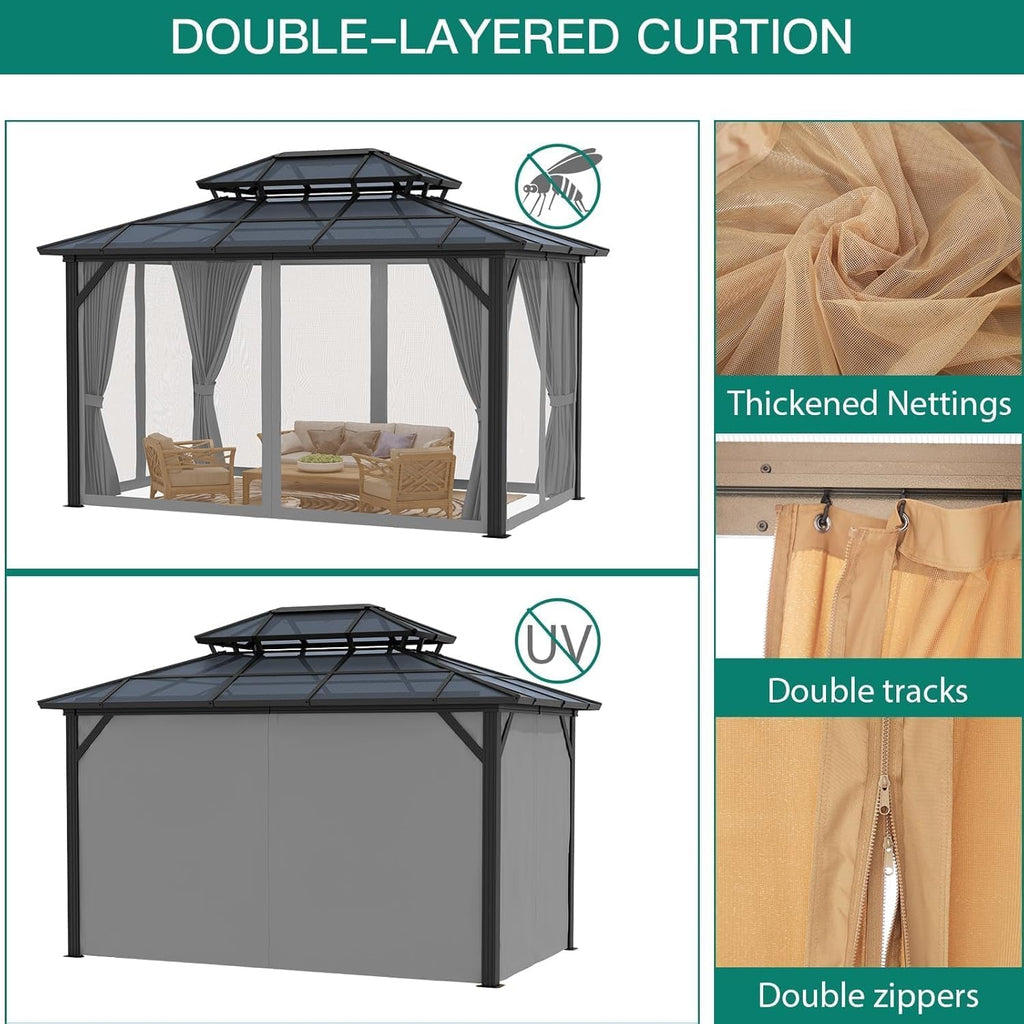 TROPOW 10×12 FT Hardtop Gazebo with Polycarbonate Double Roof, Gray Aluminum Frame Outdoor Patio Gazebo with 2 Track Curtains & Netting, Water-Drainage, UV Protection, Permanent Backyard Canopy