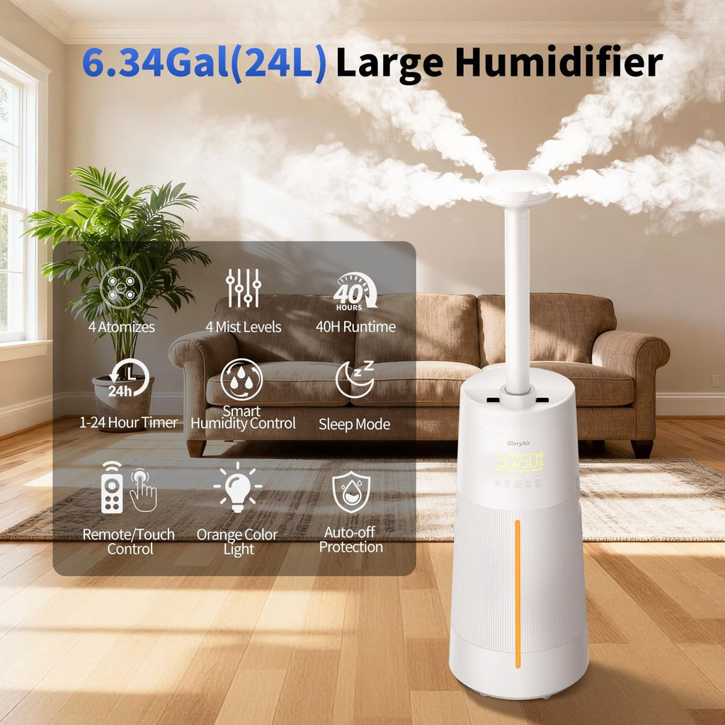 Humidifier Large Room - GloryAir 6.3Gal/24L 4X Atomizers Top Fill Whose House Large Cool Mist Quite Humidifiers 1500mL/h for Home Bedroom 3000 ft² with Auto Mode for Commercial Office Plants