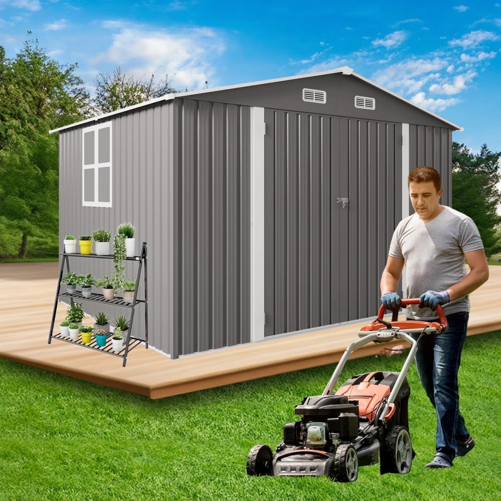 10 x 8 FT Outdoor Storage Shed with Lockable Doors, Metal Garden Tool Shed with Air Vent & Clear Window, Large Utility Storage for Lawn Equipment, Bicycles, Patio & Backyard - Gray