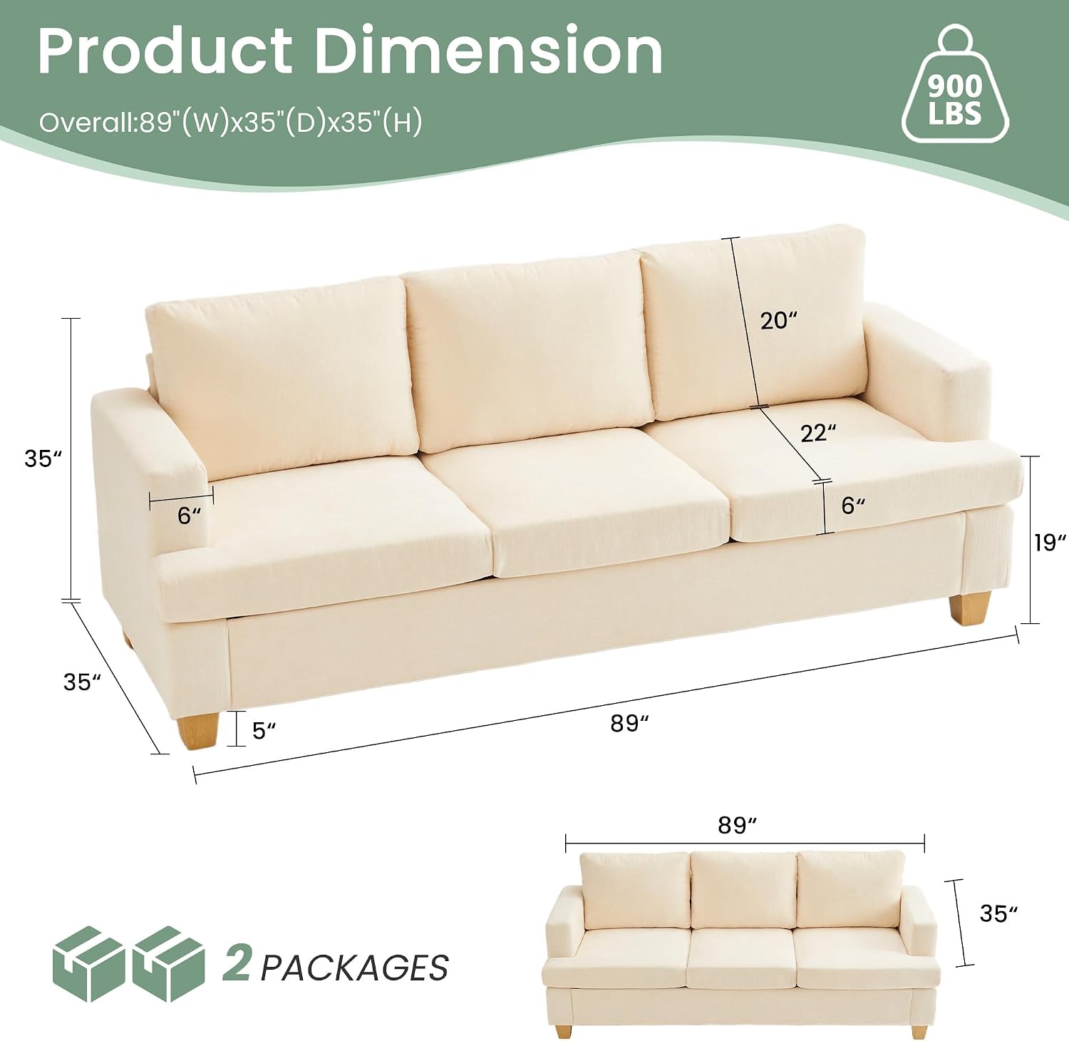 YOUDENOVA Sofa, 2 Piece Set Comfy Couch, 3 Seater & Loveseat Sofa with Deep Seats, Modern Sleeper Couch for Living Room, Beige Chenille