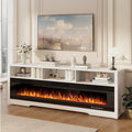 PRETZI 65' Fireplace TV Stand with 60' Glass Electric Fireplace for TVs Up to 75 inch, Modern Fireplace Entertainment Center with Open Storage Shelf, Media Console TV Cabinet for Living Room, White
