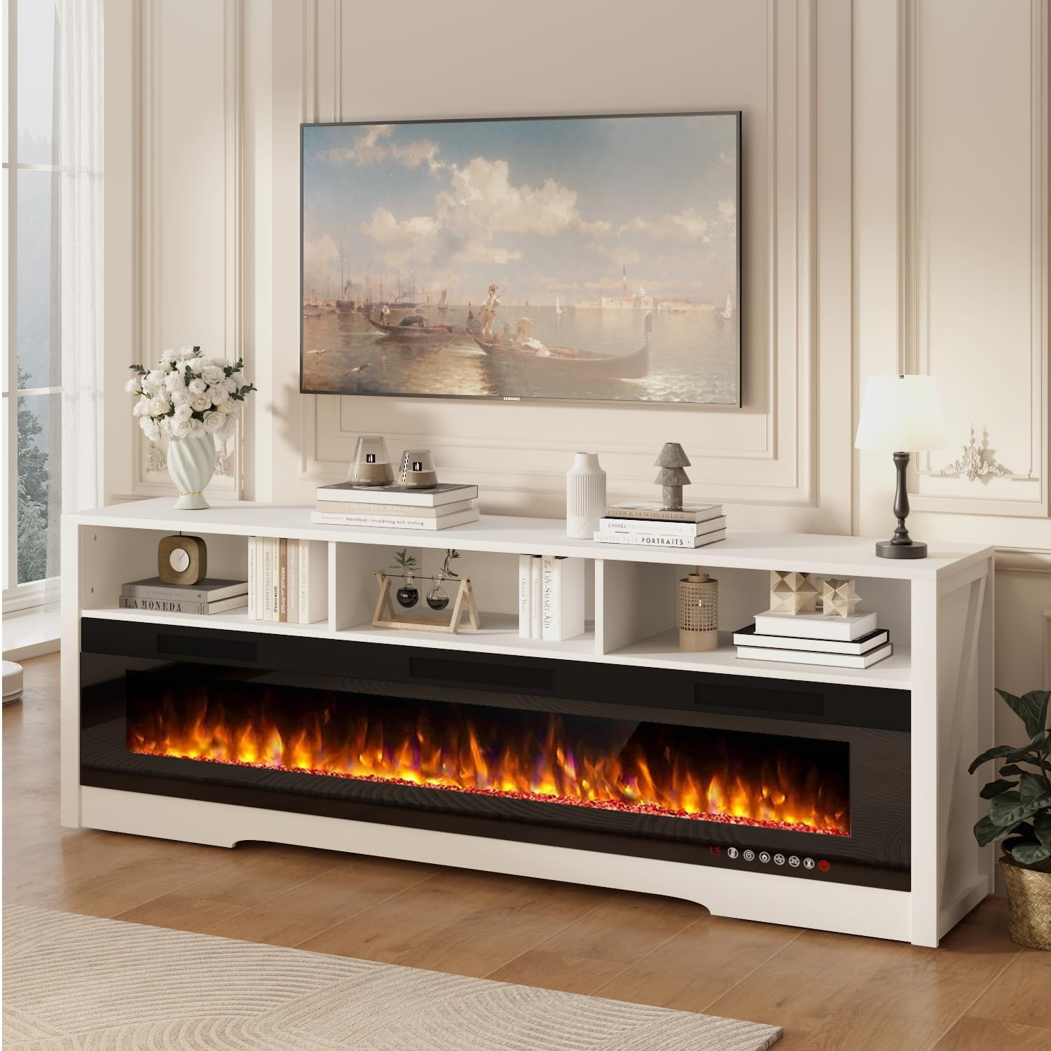 PRETZI 65' Fireplace TV Stand with 60' Glass Electric Fireplace for TVs Up to 75 inch, Modern Fireplace Entertainment Center with Open Storage Shelf, Media Console TV Cabinet for Living Room, White