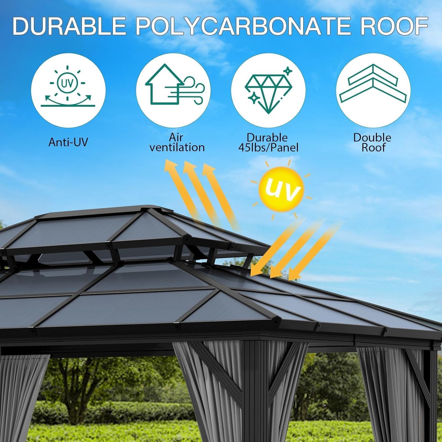 TROPOW 10×12 FT Hardtop Gazebo with Polycarbonate Double Roof, Gray Aluminum Frame Outdoor Patio Gazebo with 2 Track Curtains & Netting, Water-Drainage, UV Protection, Permanent Backyard Canopy